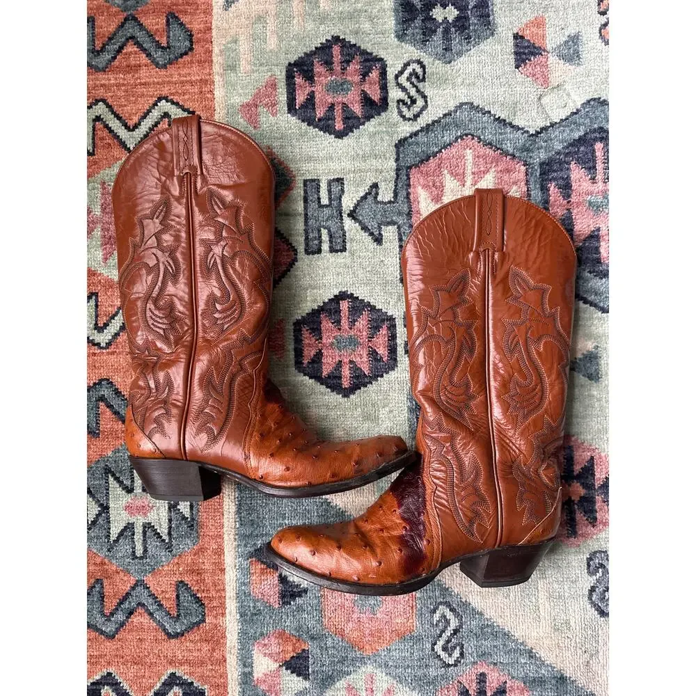Tony Lama Full Quill Ostrich Cowboy Boots R12903L – Brown – Men’s 7 – Western